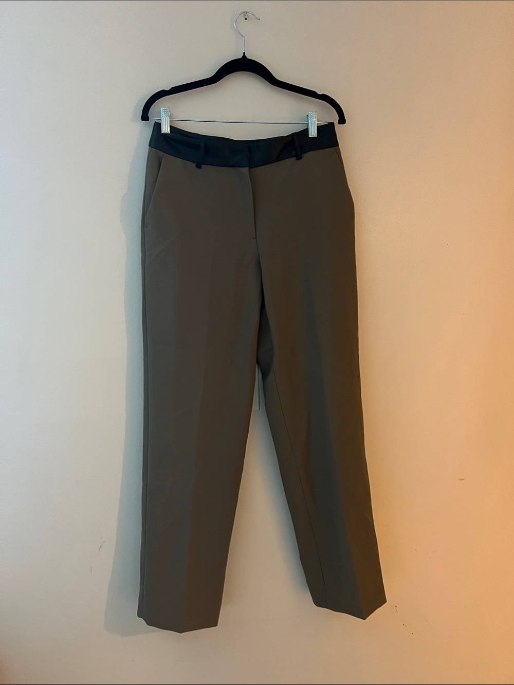 Zara Olive Green Dress Pants with Black Waistband Accent